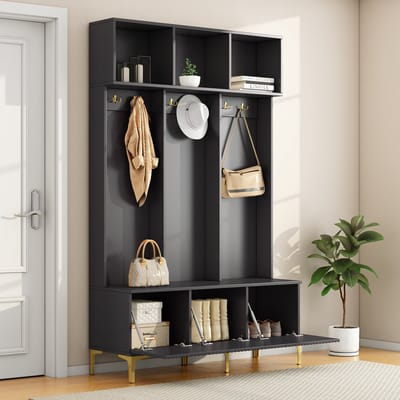 Halkasten - 120x40x191,5 cm - Garderobenset Met Bank, Open Opbergruimte, 6 Gouden Haken En Poten - Hout - Zwart