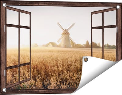 Gards Tuinposter Doorkijk Windmolen in het Veld - 60x40 cm - Tuindoek - Tuindecoratie - Wanddecoratie buiten - Tuinschilderij
