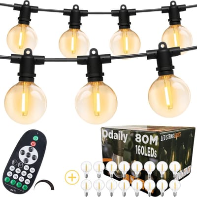 Odaily Lichtsnoer - 80 Meter - 160 LED Lampen G40 - Warm Wit Licht - Dimbaar - IP65 - Horeca Kwaliteit