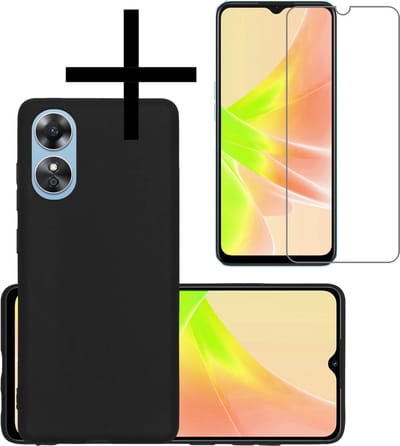 Hoesje - Met Screenprotector - Geschikt voor OPPO A17 - Sterk & Shockproof - Back Cover - Siliconen Case - Telefoon Hoes - Zwart