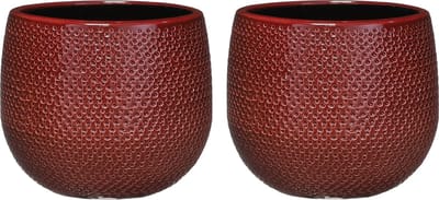 Mica Decorations Bloempot - Set van 2x stuks - bordeaux - keramiek - 16 x 14 cm - plantenpotten