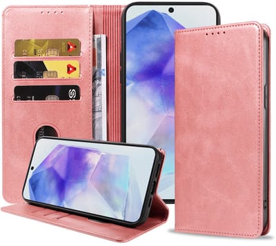 Smartphonica Telefoonhoesje Geschikt voor Samsung Galaxy A55 Kunstleer met Magnetische sluiting en Pasjeshouders Bookcase met Klepje - Roze geschikt voor Samsung Galaxy A55