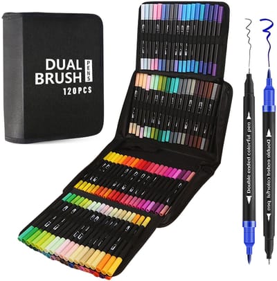 120 kleuren dubbele punt markers – Penseelpunt en fineliner – Voor kinderen en volwassenen – Geschikt voor tekenen, kalligrafie, schetsen en journaling – Inclusief opbergtas