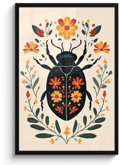 Poster in lijst - Fotolijst 60x90 cm - Posters - Bloemen - Oranje - Planten - Sierlijk - Posterlijst zwart - Decoratie - Wanddecoratie woonkamer - Muurdecoratie slaapkamer