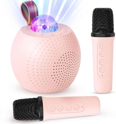 longziming -Draagbare Karaokespeaker Met 2 Draadloze Microfoons - 6 LED-Lichtmodi - 5 Leuke Stemeffecten Voor Perfect Voor Thuis En Kamperen - Roze
