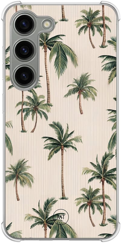 Hoesje (shockproof) geschikt voor Samsung Galaxy S23 - Palmbomen print - Extra sterke case - TPU/polycarbonaat - Tekst - Beige, Transparant