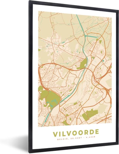Fotolijst incl. Poster - Plattegrond - Stadskaart - Vintage - Vilvoorde - Kaart - 40x60 cm - Posterlijst