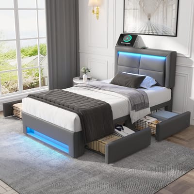DESMIU Gestoffeerd Bed 90x190 cm – USB-Laadfunctie & LED-Verlichting – Met 4 Laden – Voor Slaapkamer En Jeugdkamer – PU-Kunstleer – Grijs – Zonder Matras