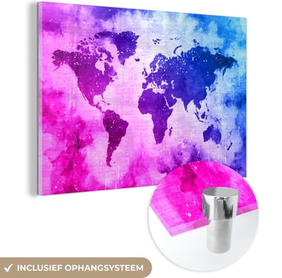 ® Glasschilderij 150x100 cm - Schilderij acrylglas - Wereldkaart - Roze - Paars - Foto op glas - Muurdecoratie woonkamer - Wanddecoratie slaapkamer - Schilderijen