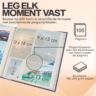Fotoboek voor 600 foto's - Beige linnen album met 100 pagina's voor 9x13, 10x15 en 13x18 cm foto's
