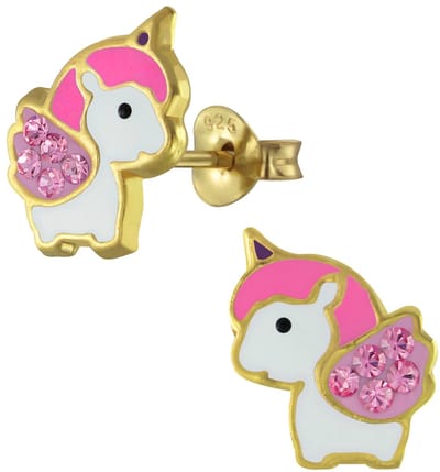 Joy|S - Zilveren baby eenhoorn oorbellen - 8 x 10 mm - unicorn - kristal roze gold plated