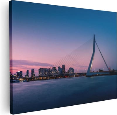 Artaza Canvas Schilderij Rotterdam Skyline - 80x60 cm - Wanddecoratie Zonsondergang - Muurdecoratie Erasmusbrug - Schilderijen Op Canvas