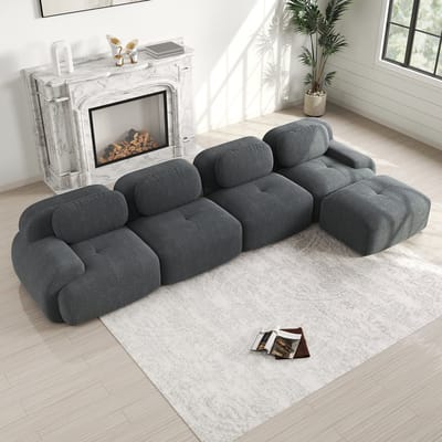 L-Bank, 4-Zitsbank, 4-zits Hoekbank met 32D zeer Elastische Vulling, Frameloze Bank, Antislip, met Chaise Longue, Extra Brede Armleuningen, Vrij Combineerbaar, Geen Montage Nodig voor Kantoor, Woonkamer en Thuisbioscoop,Grijs