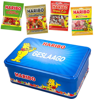 Haribo "Happy Heroes" snoep mix 350g - Geslaagd - Tinnen blik met uitdeelsnoep in individuele verpakte snoepzakjes - Afstudeercadeau