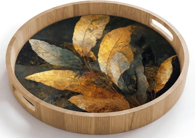 Dienblad rond 40x40 cm - Schootdienblad hout - Gouden Bladcompositie – Botanische Luxe - Borrelplank rechthoek - Plateau houten dienbladen