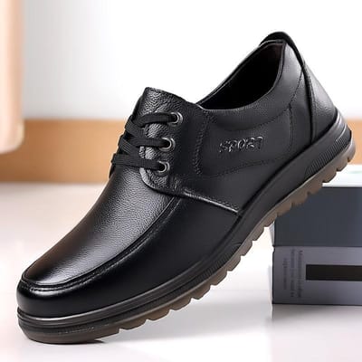 Nieuwe Herenschoenen voor de Lente Toplaag Rundleer Ronde Neus Heren Business Casual Leren Schoenen Rundspees Zool Papa Schoenen 44 black