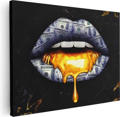 Artaza Canvas Schilderij Geld Lippen - 40x30 cm - Klein - Wanddecoratie Money - Muurdecoratie Pop Art - Schilderijen Op Canvas
