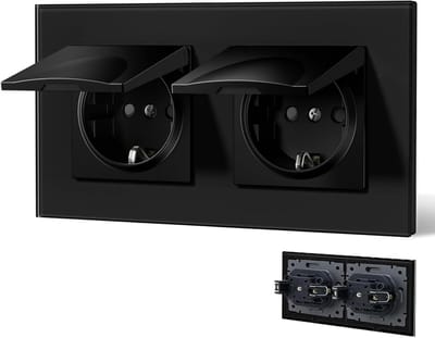 Dubbele contactdoos met waterdichte afdekking, Schuko met stekklem, inbouw met kristalglazen plaat, ingebouwde wandcontactdoos 16A, 157 mm, zwart