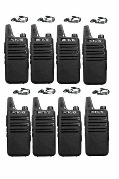 Set van 8 Retevis RT622 vergunning vrije UHF mini portofoons met D-shape oortje