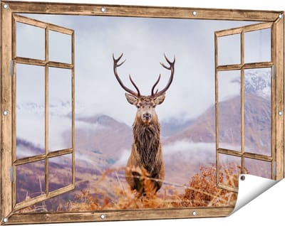 Gards Tuinposter Doorkijk Hert in de Bergen - 120x80 cm - Tuindoek - Tuindecoratie - Wanddecoratie buiten - Tuinschilderij