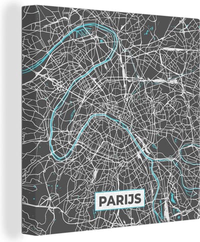 Canvas Schilderij Parijs - Stadskaart - Blauw - Kaart - Plattegrond - 20x20 cm - Wanddecoratie