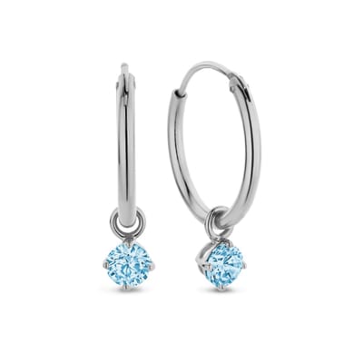 New Bling 9NB-1205 Zilveren Oorringen met Zirkonia hangertje 3mm - Blauw - 15 mm - Rhodium - Zilver