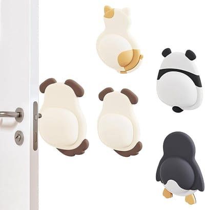 4 stuks wanddeurklinkstopper, wandbescherming geschikt voor deurgreep, deurstopper, zelfklevend, zachte rubberen bescherming tegen stoten, dempend, decoratief, 14 mm dik, kat, hond, pinguïn, panda