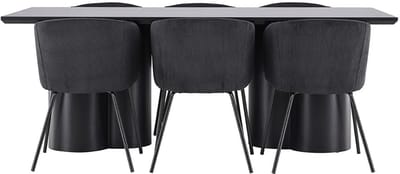 Olivia eethoek tafel 100x210cm en 6 fluwelen stoelen met armleuningen zwart.
