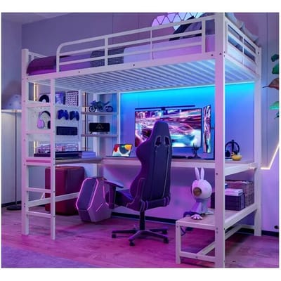 ModernLuxe Loftbed 90x200cm - met bureau + reling - met USB + Type-C aansluitingen - met LED-lichtstrip - wit