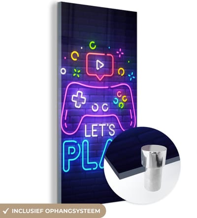 MuchoWow® Glasschilderij 60x120 cm - Schilderij acrylglas - Gaming - Neon - Let's Play - Controller - Quotes - Foto op glas - Schilderijen