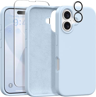 Stravo Siliconen Hoesje geschikt voor iPhone 17 , Lichtblauw, Met 1X Screenprotector + 1X Cameralensbeschermer, [Zachte Krasbestendige Microvezelvoering], Vloeibare Siliconen Schokbestendige Beschermende Telefoonhoes