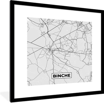Fotolijst incl. Poster Zwart Wit- Zwart Wit – België – Plattegrond – Stadskaart – Kaart – Binche - 40x40 cm - Posterlijst