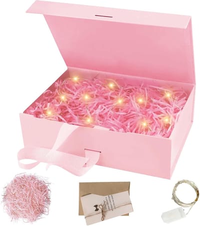 Vouwbare Cadeaubox met Deksel, Magnetische Doos met Strik en LED Verlichting, 23 x 17 x 7 cm, Geschikt voor Verjaardag en Kerstcadeaus, Inclusief Wenskaart