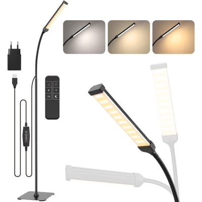 Rosnek Modern Vloerlamp Zwart met Afstandsbediening - 360° Flexibele Nek - Hoogte Verstelbaar - Staande Lamp Dimbaar met Timer & Slaapmodus - voor Woonkamer Kantoor Slaapkamer - met Adapter