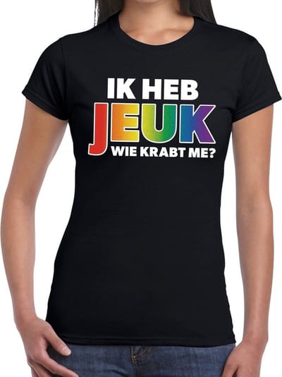 Ik heb jeuk wie krabt me gaypride t-shirt zwart met regenboog tekst voor dames - Gay pride/LGBT kleding XS