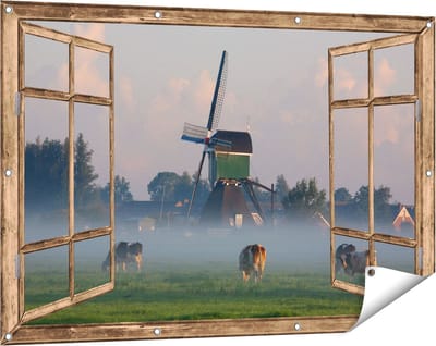 Gards Tuinposter Doorkijk Landschap met Koeien - 120x80 cm - Tuindoek - Tuindecoratie - Wanddecoratie buiten - Tuinschilderij