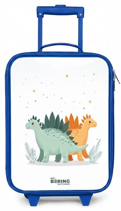 NoBoringSuitcases.com® - Kinderkoffer blauw - Kindertrolley jongen - Stegosaurusduo onder sterrenregen - Koffer kind lichtgewicht - Reiskoffer trolley voor kinderen - Koffertje met lichtgevende wieltjes - Rolkoffer