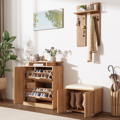 MODENUIT Halmeubelset - Spiegel, Schoenbank En Schoenkast - 5 Deuren En 4 Haken Voor Hal - Naturel - 140x35x133 Cm