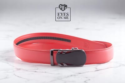 Rode lederen riem zonder gaatjes met automatische gesp voor heren ( model A014 )