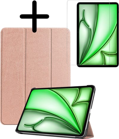 Hoesje Geschikt voor Apple iPad Air 6 (2024) - 11 inch - 6e Generatie - M2 - Met Screenprotector - Trifold Bookcase - Hard Cover - Hardcover Book Case - Tablet Hoes - Rosé goud