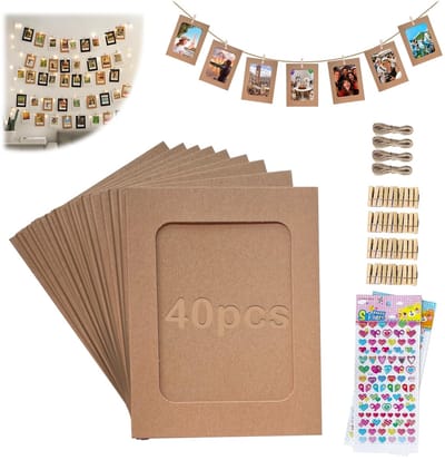 40 Stuks Fotogirlande 11,4x15,5cm Fotolijn met Klemmen, 6 Inch Kraftpapier Fotolijsten met Houten Klemmen, Hennep Touw en Stickers - voor Banner Huwelijk Verjaardag Partij Foto Decoratie