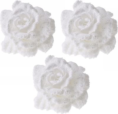 6x Kerstboomversiering bloemen op clip wit en besneeuwd 10 cm - kerstfiguren - witte kerstversieringen