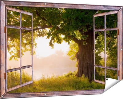 Gards Tuinposter Doorkijk Eikenboom aan het Water met Volle Bladeren - 150x100 cm - Tuindoek - Tuindecoratie - Wanddecoratie buiten - Tuinschilderij