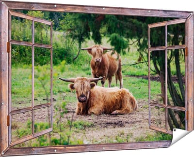 Gards Tuinposter Doorkijk Twee Schotse Hooglanders in de Bossen - 180x120 cm - Tuindoek - Tuindecoratie - Wanddecoratie buiten - Tuinschilderij