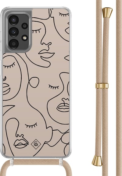Casimoda® hoesje met beige koord - Geschikt voor Samsung A13 4G - Abstract Faces - Afneembaar koord - TPU/polycarbonaat - Bruin/beige