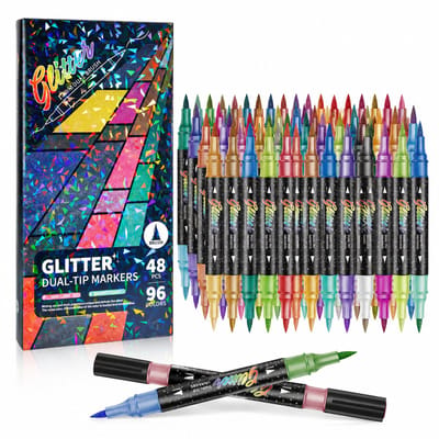 Acrylmarkers - 48 kleuren - Glittereffect en twee kleuren per marker - Dubbele punt met zachte tip voor tekenen en kaarten - Basisverpakking
