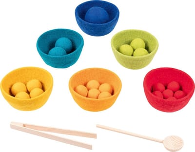 Goki Evolution: KLEURENSORTEERSPEL Sorterino, 29-delig, bowl diam.12xH6cm, vilt en hout, Made in Europe, 3+