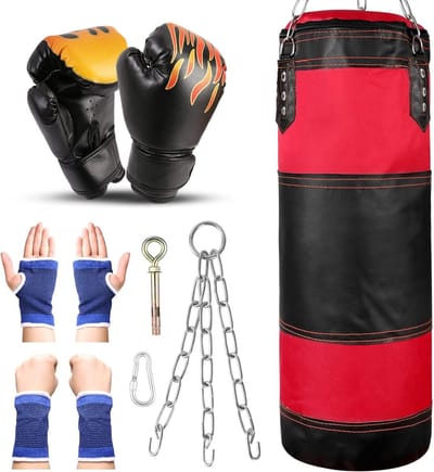 7-in-1 Punching Bag Set voor Kinderen - 2FT Kickbokszak, 6 oz Bokshandschoenen, Beschermende Mouwen en Hangkettingen voor Thuisgebruik