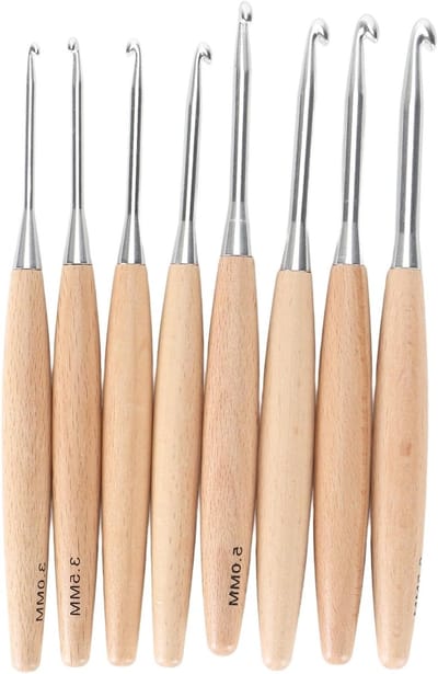 Haaknaalden Set met Houten Handvat, 8 Stuks Roestvrijstalen Haaknaalden voor Breien van Truien, 3mm-6.5mm, Ergonomisch Ontwerp voor Comfortabel Gebruik