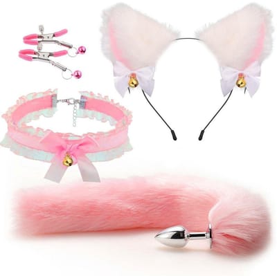Oneay BDSM Speelgoedset – Anaalplug met Vossenstaart, Halsband, Tepelklemmen & Kattenoortjes – Rollenspel Set voor Beginners (Vrouwen) - Roze
